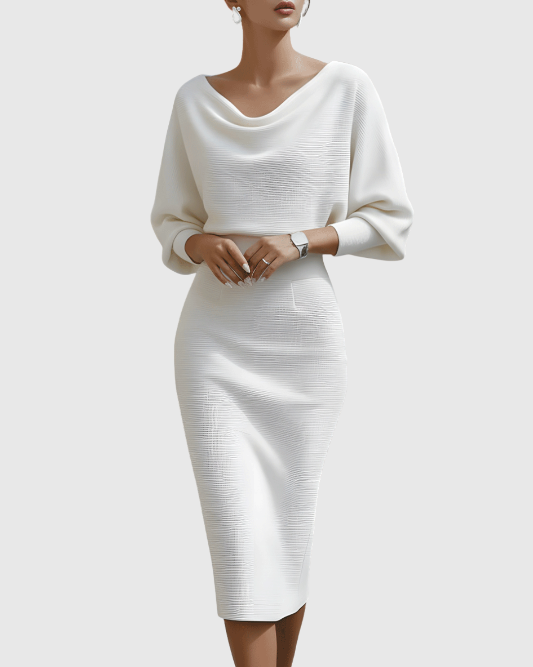 Ismeria | Elegant White Batwing Midi Dress with Draped Design