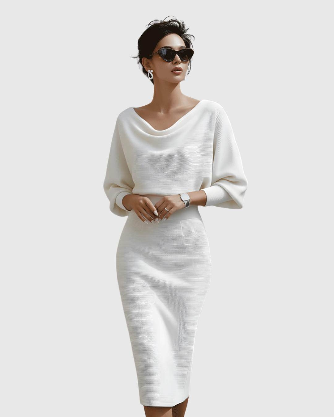 Ismeria | Elegant White Batwing Midi Dress with Draped Design