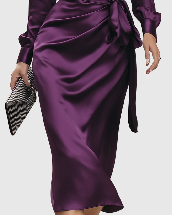 Cerelia | Midi Dress in Deep Plum Satin Wrap