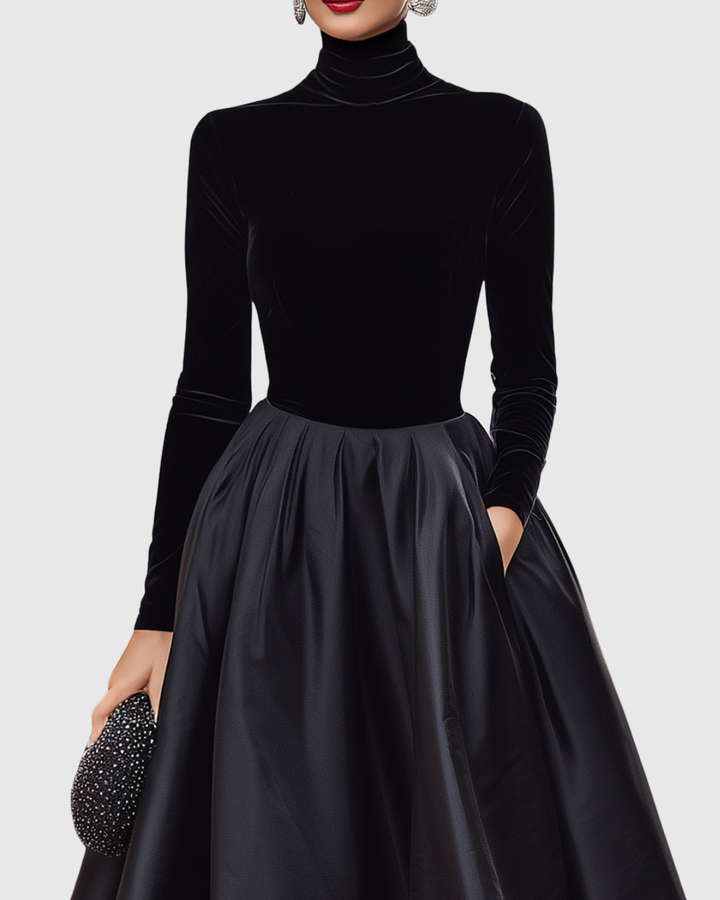 Aradia | Chic Black Velvet and Satin Midi Dress