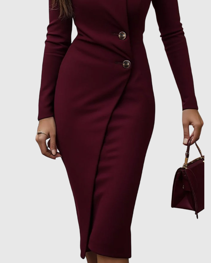 Luned | Burgundy Button-Up Midi Dress with Wrap Design
