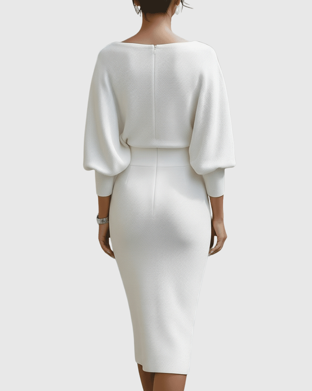 Ismeria | Elegant White Batwing Midi Dress with Draped Design