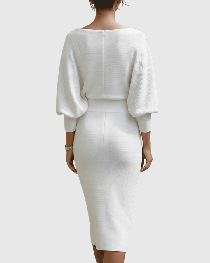 Ismeria | Elegant White Batwing Midi Dress with Draped Design