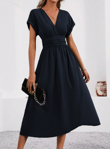 Lucyndra | Midi Dress with V-Neck and Pleated Waist