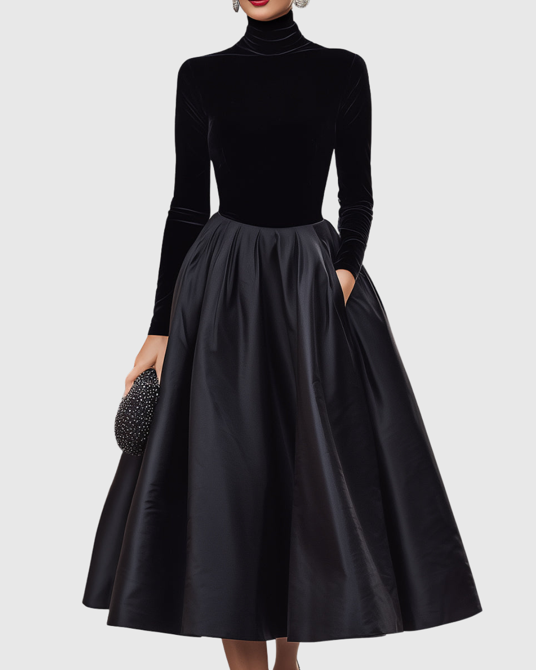 Aradia | Chic Black Velvet and Satin Midi Dress