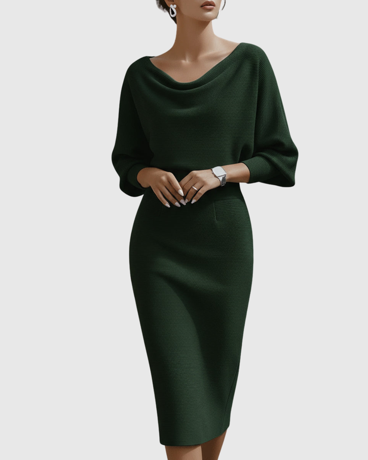 Ismeria | Elegant White Batwing Midi Dress with Draped Design