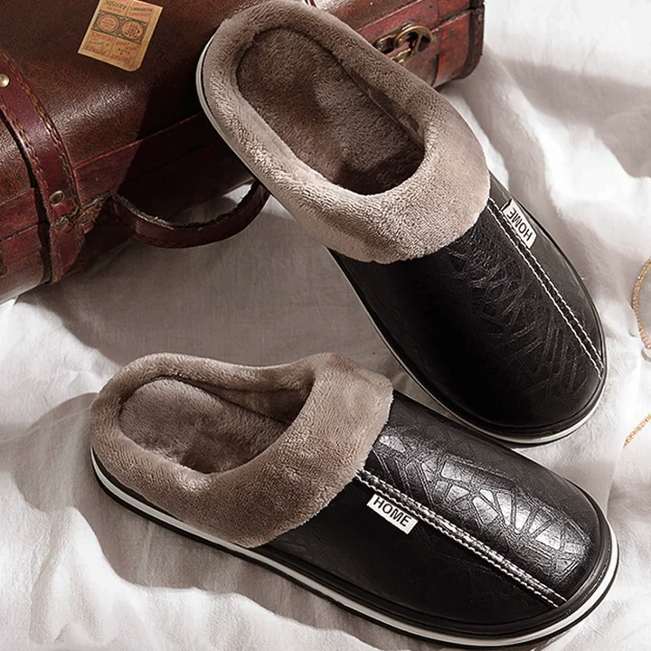 Men’s Faux Leather Slip-On Home Slippers with Plush Lining