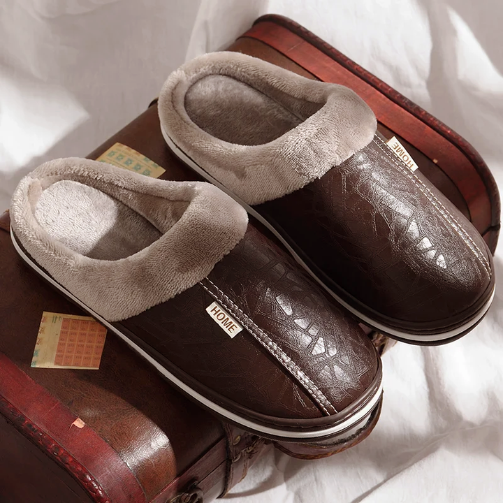 Men’s Faux Leather Slip-On Home Slippers with Plush Lining