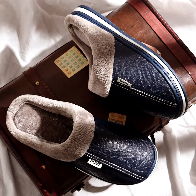 Men’s Faux Leather Slip-On Home Slippers with Plush Lining