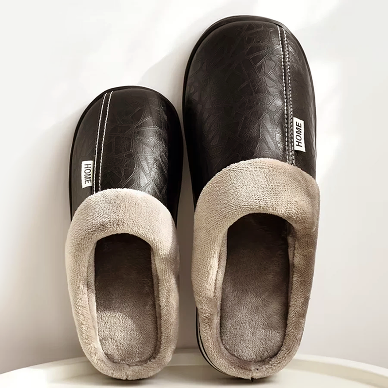 Men’s Faux Leather Slip-On Home Slippers with Plush Lining