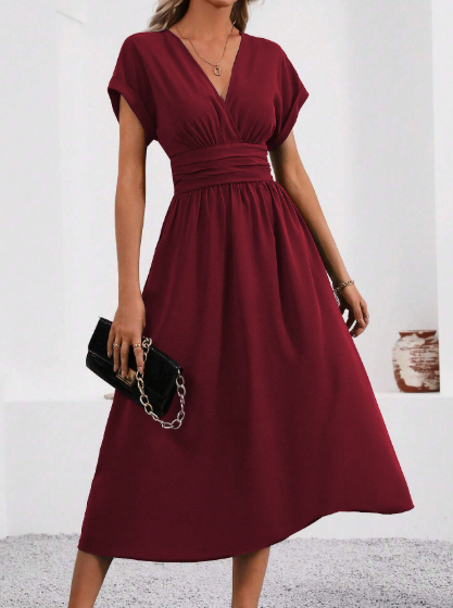 Lucyndra | Midi Dress with V-Neck and Pleated Waist